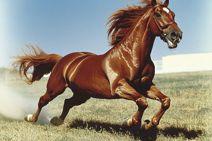 Galloping Chestnut Horse in Field