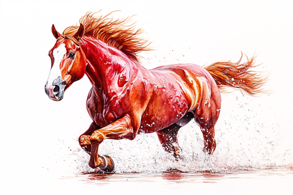 Galloping Chestnut Horse in Water