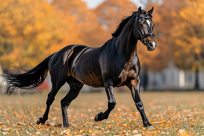 Galloping Dark Horse in Autumn Leaves