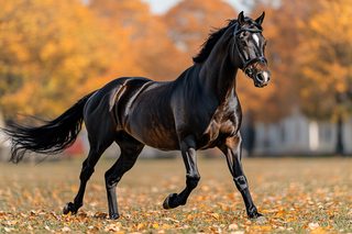 Galloping Dark Horse in Autumn Leaves