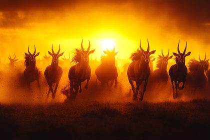 Galloping Herd at Sunset