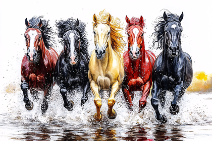 Galloping Horses Watercolor Painting