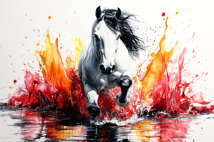 Galloping White Horse in Watercolor Splashes