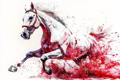 Galloping White Stallion with Red Splashes