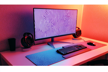 Gaming Desk Setup With Purple Abstract Monitor