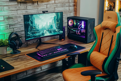 Gaming Setup With RGB Lighting On Wooden Desk