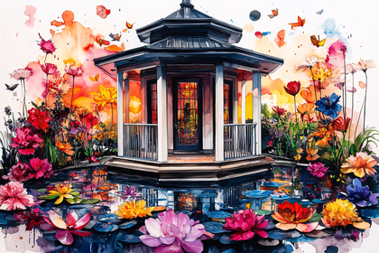 Gazebo In Watercolor Garden