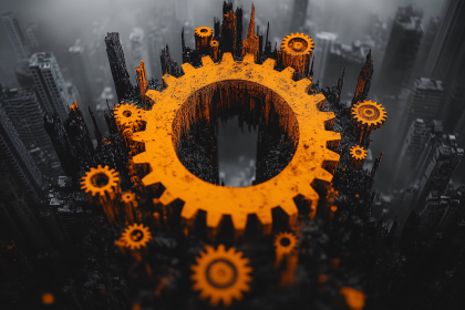 Gears Over Urban Landscape