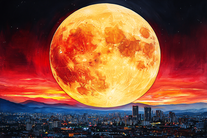 Giant Moon Over City