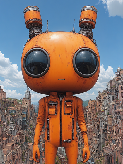 Giant Orange Robot in Cityscape