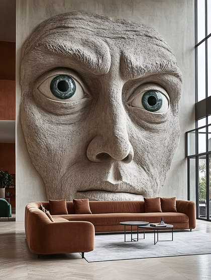 Giant Stone Face Wall Sculpture In Modern Interior