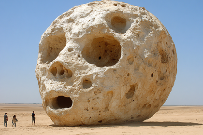 Giant Stone Head Sculpture in Desert
