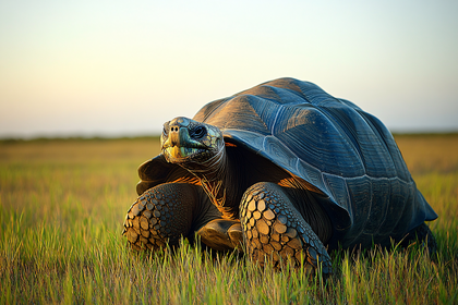Giant Tortoise In Grassy Field