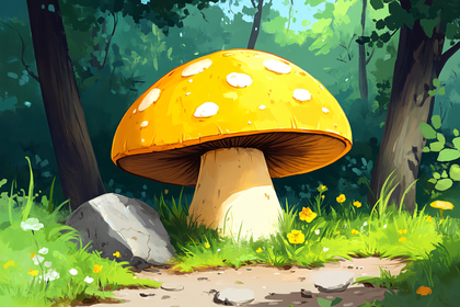 Giant Yellow Mushroom In Forest