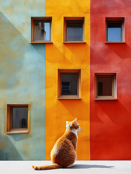 Ginger Cat and Colorful Building