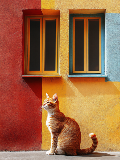 Ginger Cat By Colorful Building