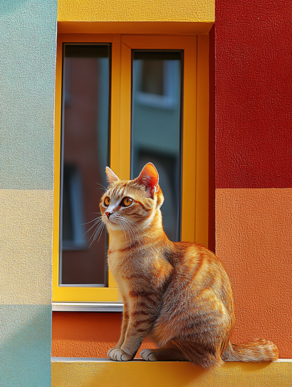 Ginger Cat By Colorful Window