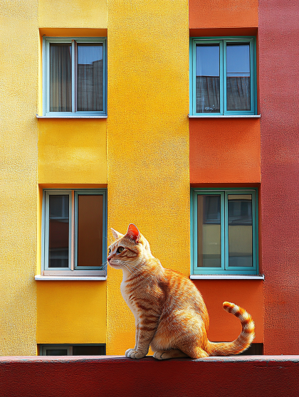 Ginger Cat on Colorful Building Facade