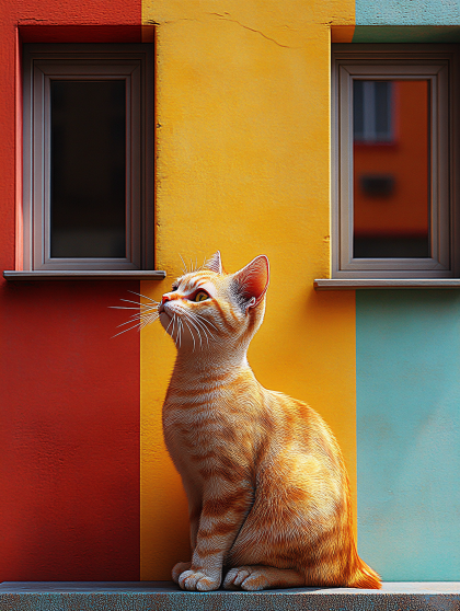 Ginger Cat on Colorful Wall