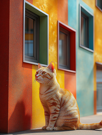 Ginger Cat Sitting By Colorful Wall