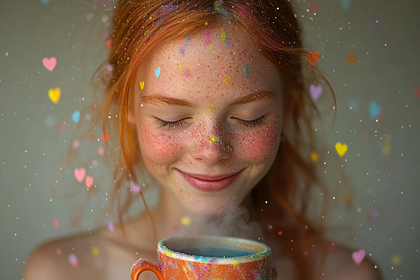 Ginger Girl Smelling a Warm Drink