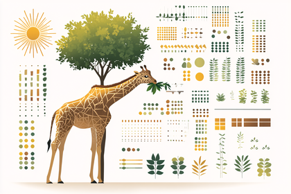 Giraffe Eating Leaves Under Sun With Geometric Icons