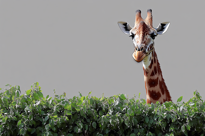 Giraffe Peeking Over Green Bush