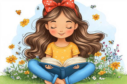 Girl Enjoying Reading in a Flower Garden
