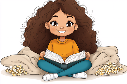 Girl Enjoys Reading Book With Popcorn