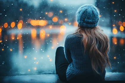 Girl Gazing at Bokeh Lights in Winter
