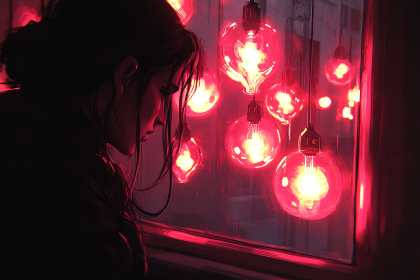 Girl Gazing At Red Lights