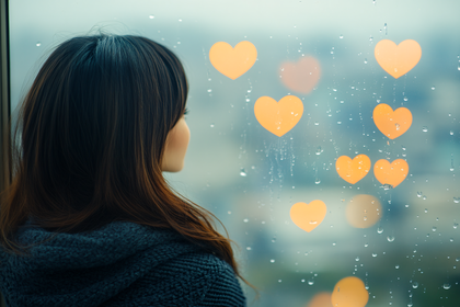 Girl Gazing Through a Window with Heart Lights