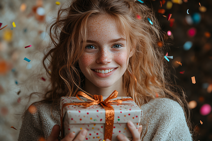Girl Holding Gift with Confetti
