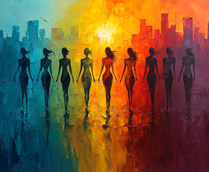 Girl in a group walking towards the sunset