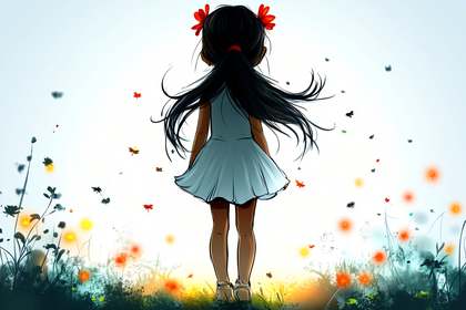 Girl In Flower Field Back View