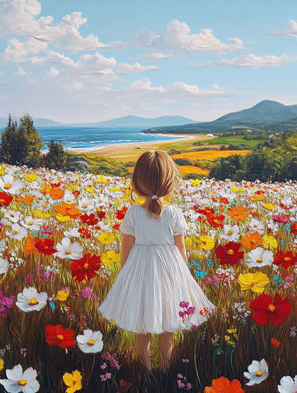 Girl in Flower Field Gazing at Sea