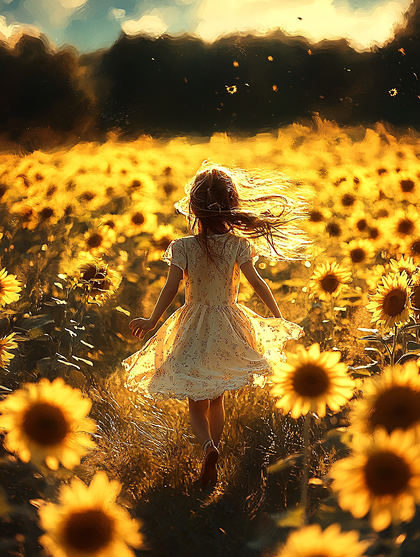 Girl in Golden Sunflower Field