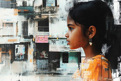 Girl In Profile With Abstract Cityscape