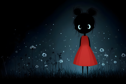 Girl In Red Dress In Dandelion Field