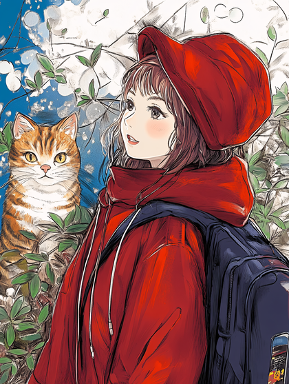 Girl In Red Hat With Cat Illustration