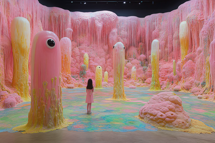 Girl In Surreal Pink And Yellow Installation