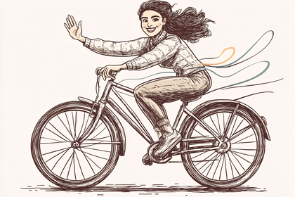 Girl on a Bicycle Waving Hello