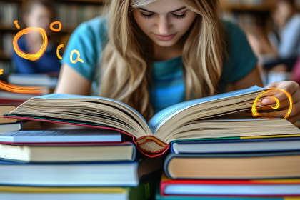 Girl Reading a Book in Library