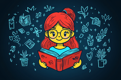 Girl Reading Book with Doodle Background