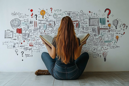 Girl Reading Book with Wall of Ideas