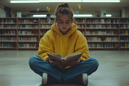 Girl Reading in Library with Question Marks