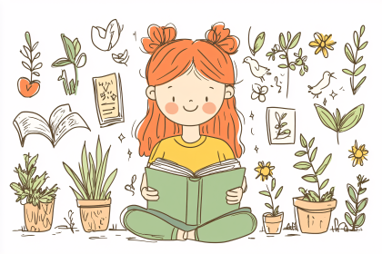 Girl Reading Surrounded by Plants