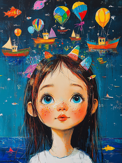 Whimsical Girl Dreams of Boats and Balloons Painting