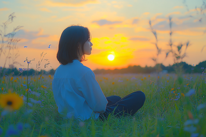 Girl Sitting in Meadow at Sunset