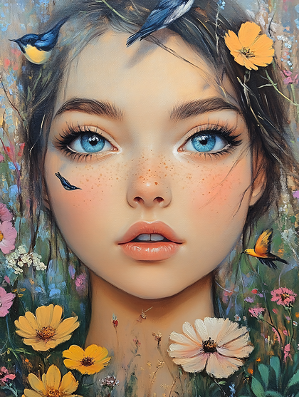 Girl Surrounded by Flowers and Birds